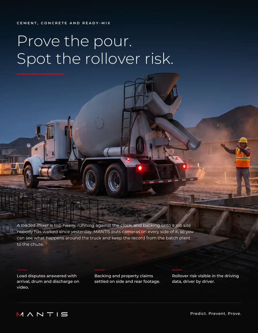 Page 1 of the MANTIS ready-mix brochure: the cover, with a concrete mixer backing onto a pour site at dusk and a worker signalling.