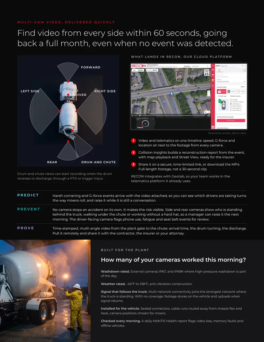 Page 3 of the brochure: camera positions around a mixer including the drum and chute, a RECON Collision Insights screen with demo data, Predict, Prevent and Prove, and a mixer at the washdown bay.