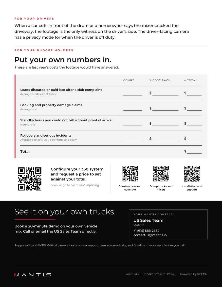 Page 4 of the brochure: what the footage means for drivers, a cost worksheet for budget holders, and how to book a demo.
