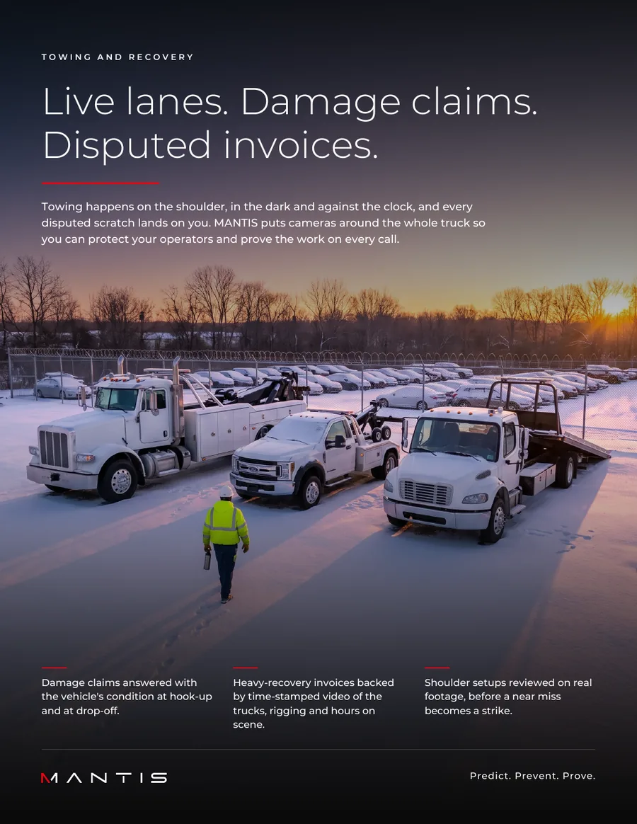 Page 1 of the MANTIS towing and recovery brochure: the cover, with a heavy wrecker, a light-duty wrecker and a flatbed in a snowy storage yard.