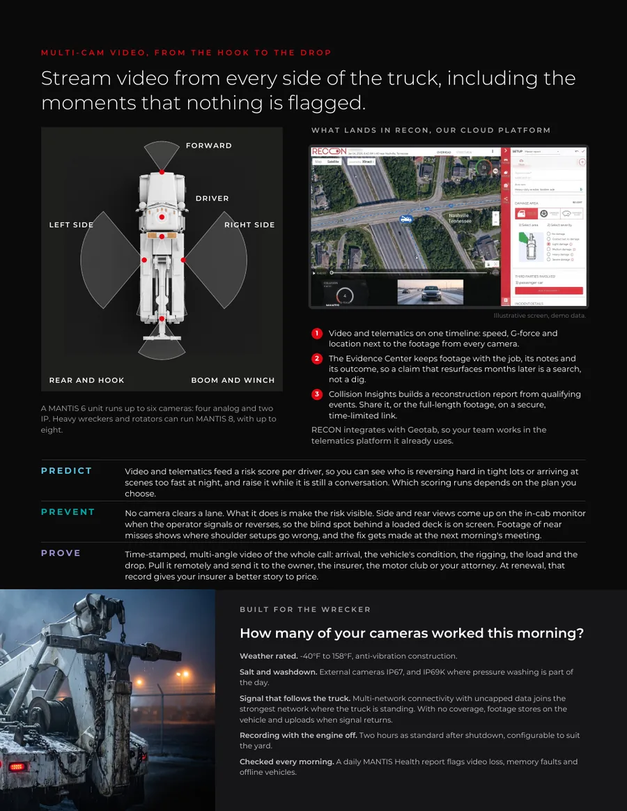 Page 3 of the brochure: camera positions around a wrecker, a RECON Collision Insights screen with demo data, Predict, Prevent and Prove, and a close-up of a wrecker boom.