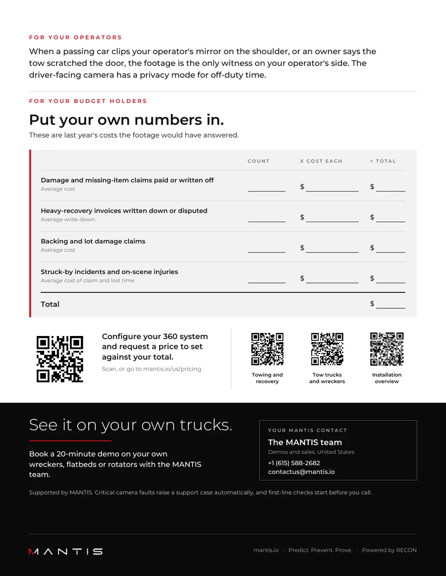 Page 4 of the brochure: what the footage means for operators, a cost worksheet for budget holders, and how to book a demo.