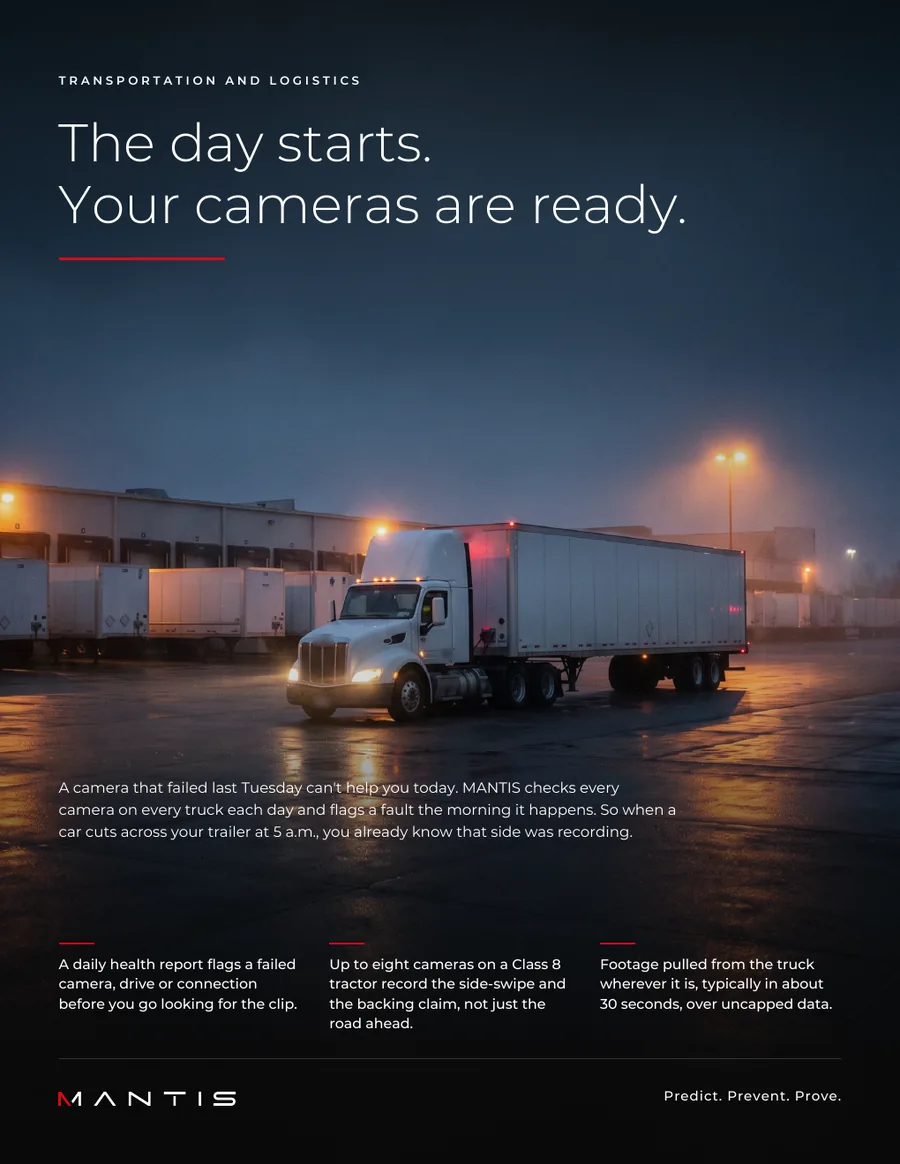 Page 1 of the MANTIS transportation and logistics brochure: the cover, with a tractor-trailer at a lit distribution yard before dawn.