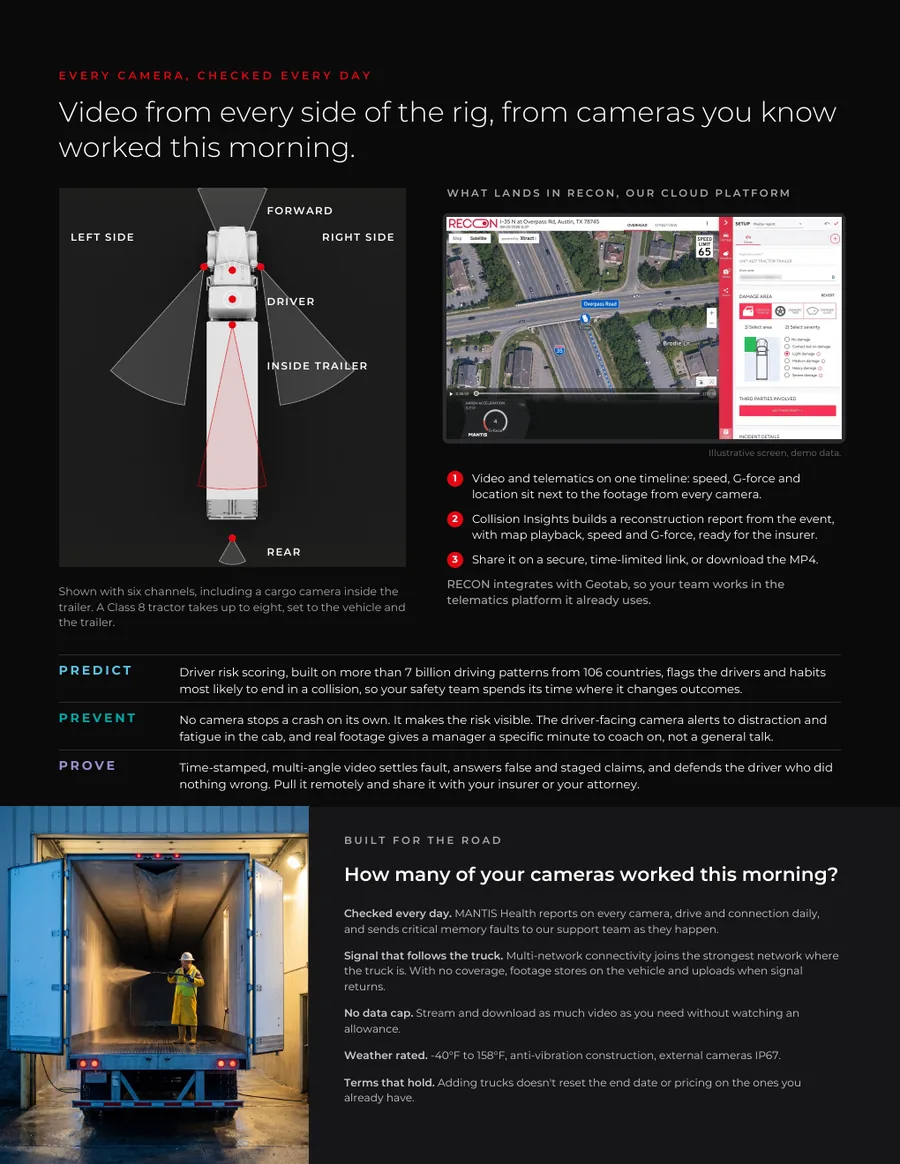 Page 3 of the brochure: camera positions around a tractor-trailer including inside the trailer, a RECON Collision Insights screen with demo data, Predict, Prevent and Prove, and a trailer at a loading dock.