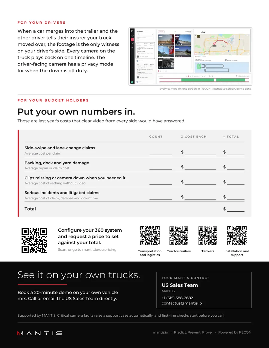 Page 4 of the brochure: what the footage means for drivers beside a multi-camera RECON screen, a cost worksheet for budget holders, and how to book a demo.