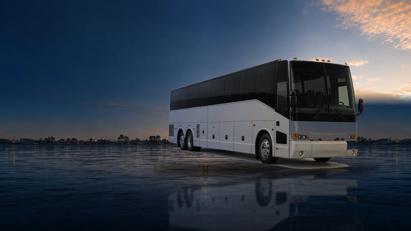 Illustrative US motorcoach in a fleet yard at dusk, curb side toward the camera. AI-generated image.