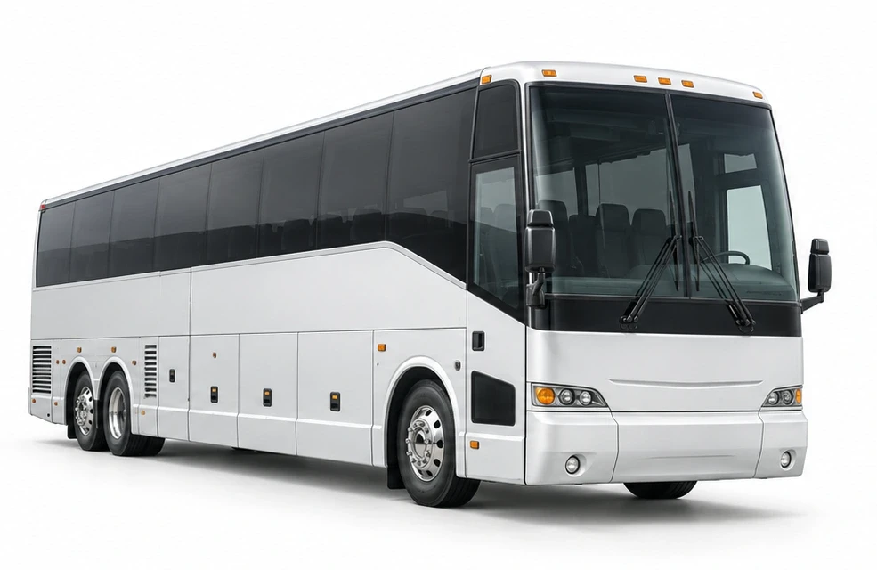 Illustrative US motorcoach, curb side and front visible. AI-generated image.