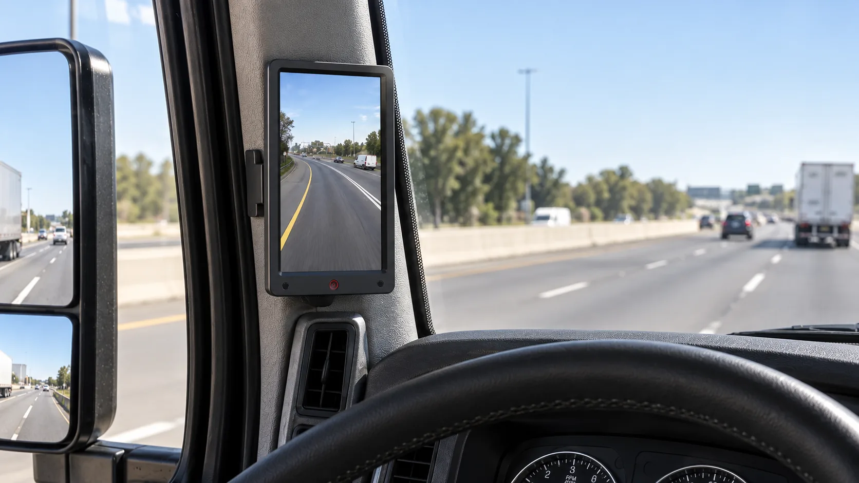 A digital side camera screen on the driver-side A-pillar of a truck, beside the side mirror