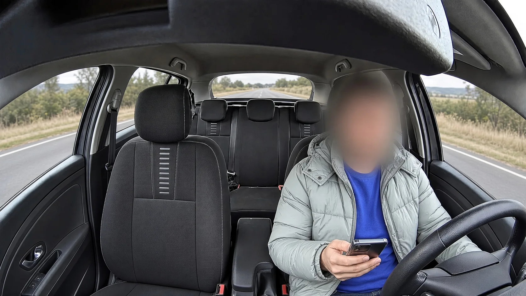 Illustrative left-hand-drive cabin with the driver's face blurred; the driver holds a phone