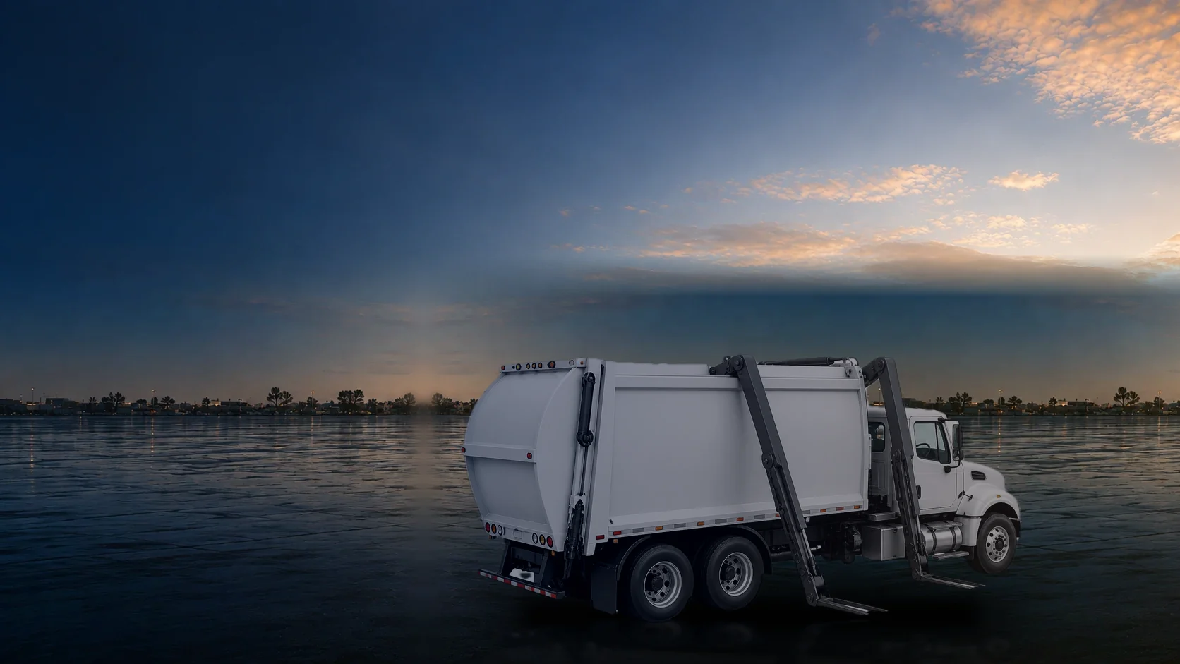 Illustrative image of a US conventional-cab front-loader garbage truck on a wet yard at dawn, curb side to camera. AI generated.