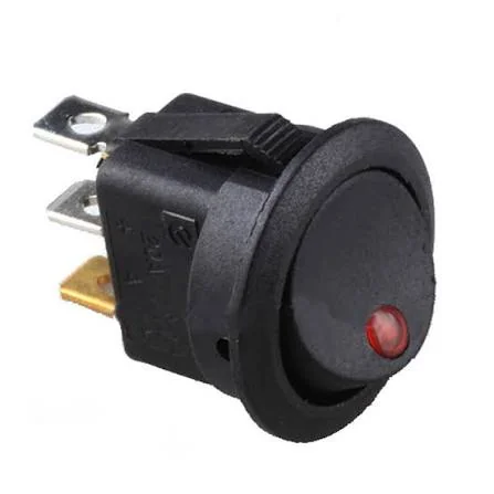 A round black rocker switch with a red indicator light