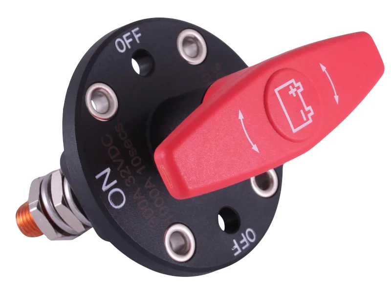 A rotary isolator switch with a red handle and On and Off positions