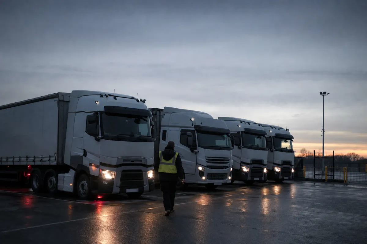 Illustrative image of a row of HGVs at a depot before dawn, cab lights on, with a driver in hi-vis walking towards them