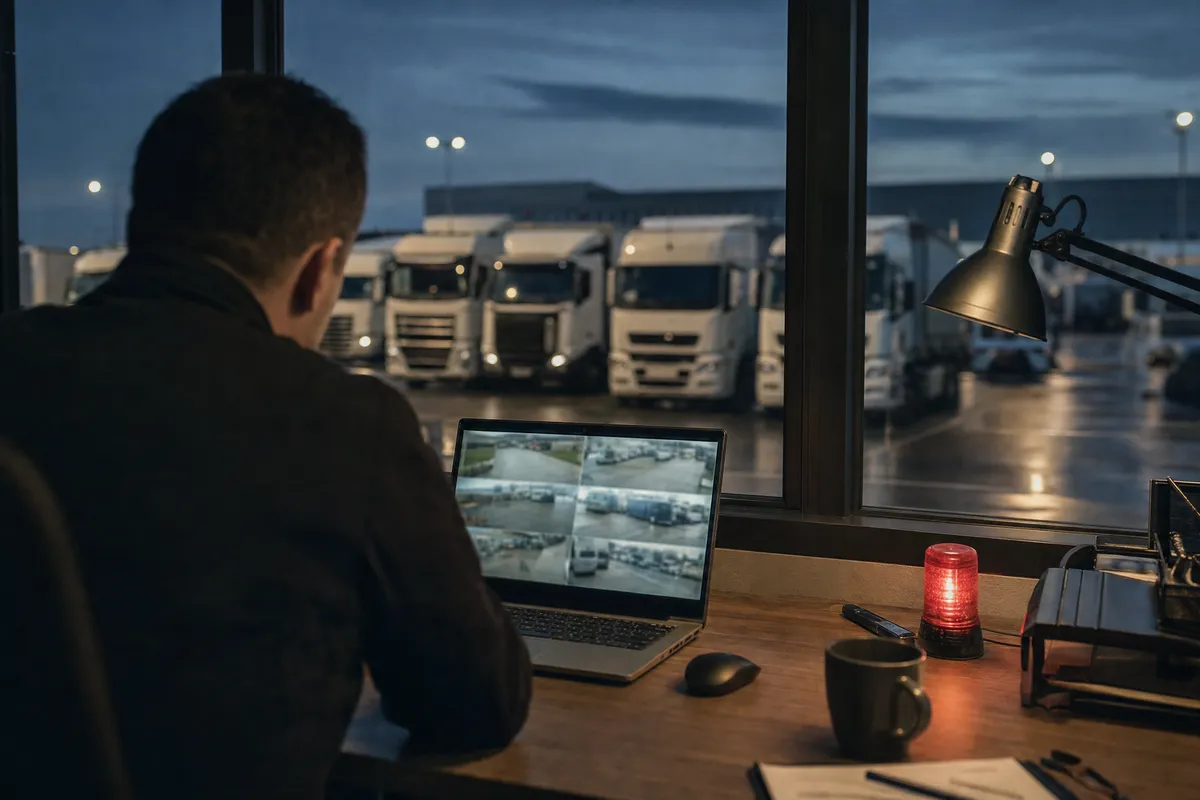 Illustrative image of a fleet manager reviewing camera footage on a laptop, with lorries parked in the yard outside