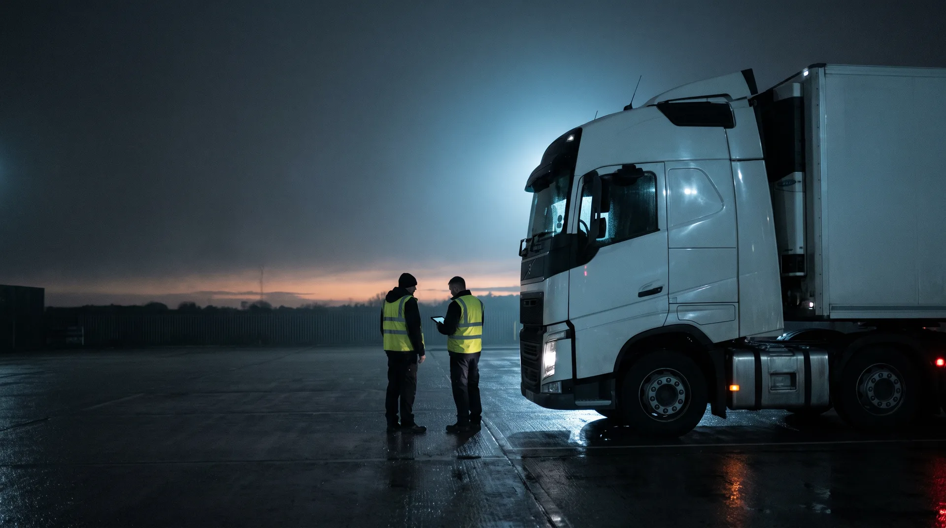 Illustrative image of two people in hi-vis talking beside an HGV cab in a depot yard at dawn