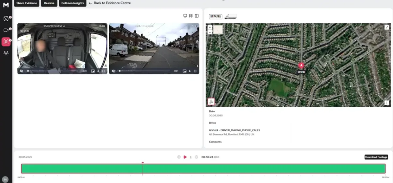 RECON event review with multi-camera footage beside the trip map