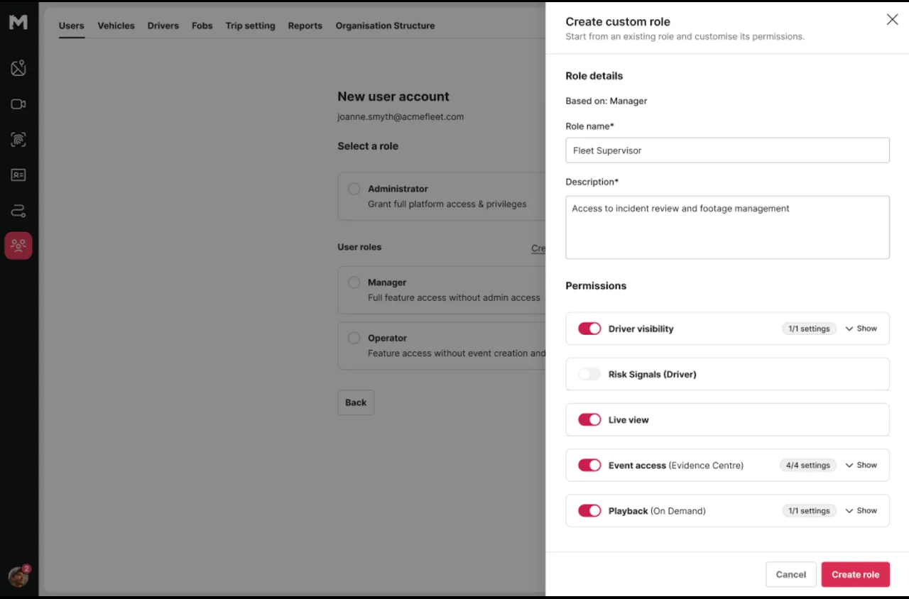 RECON user settings with separate permissions for live view, footage sharing and downloads