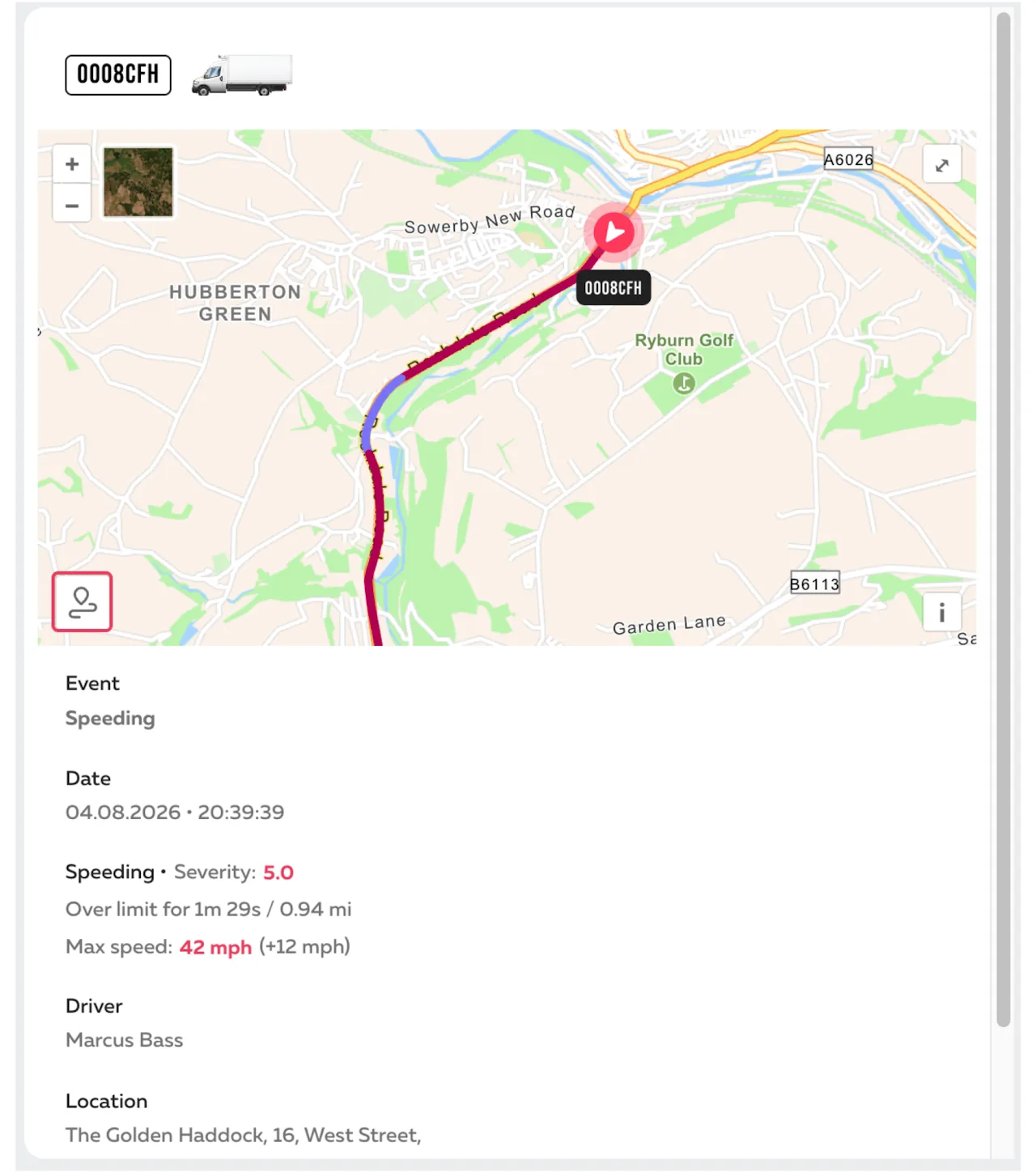 RECON speeding event on a map, showing the trip trace, time over the limit and maximum speed