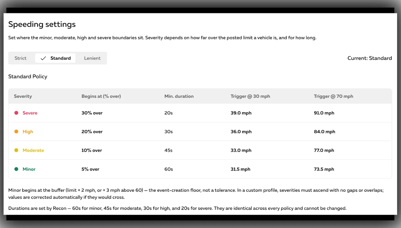 RECON speeding settings with limits configured by vehicle type