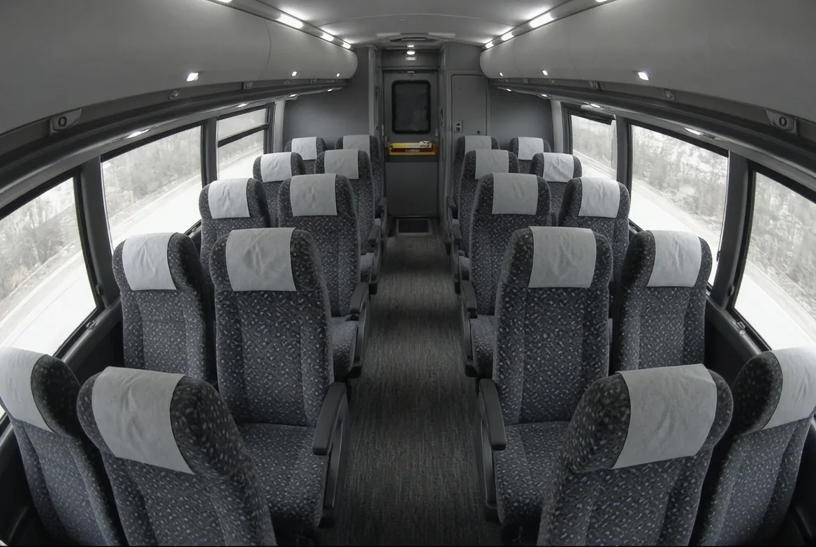 Empty passenger cabin with paired seating either side of a central aisle, looking forward towards the bulkhead door