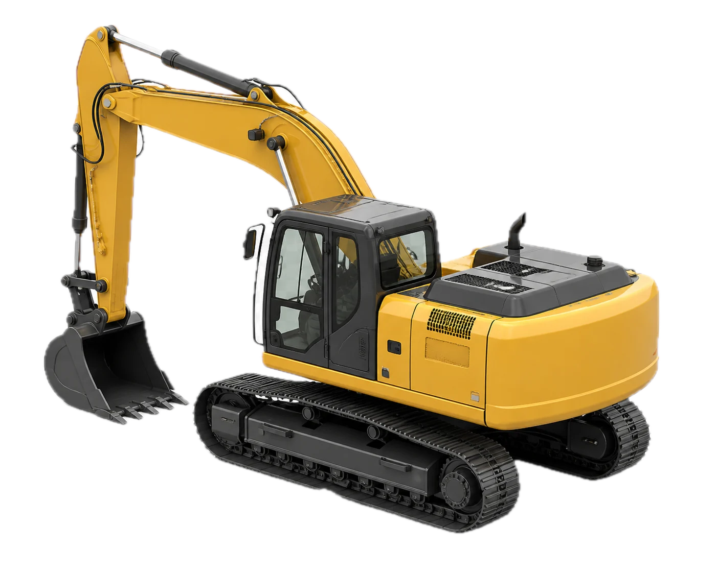 Illustrative tracked excavator with empty cab