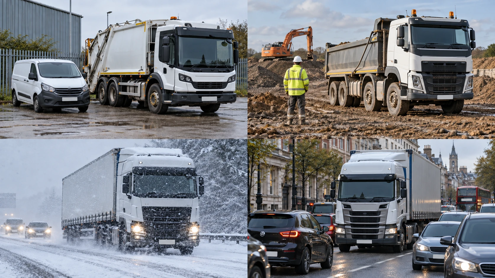 A large refuse truck beside a small van, illustrative UK scene