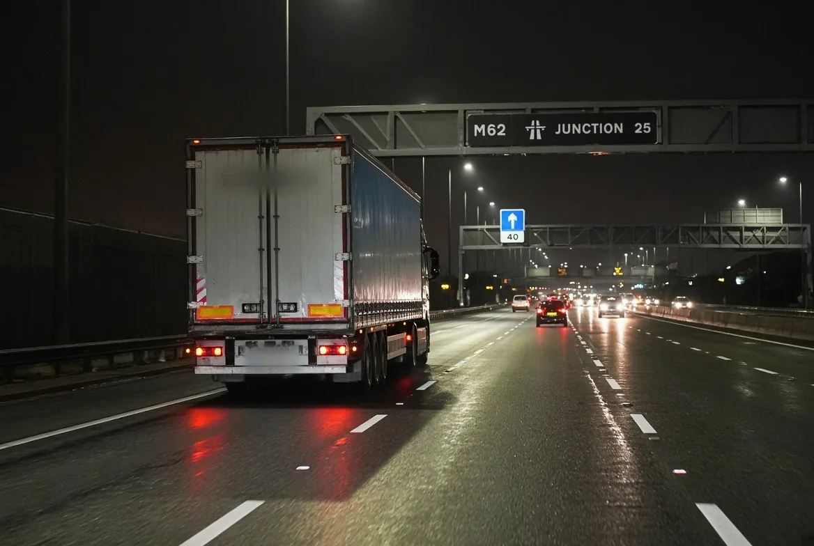 An articulated lorry on a wet motorway at night, illustrative UK scene