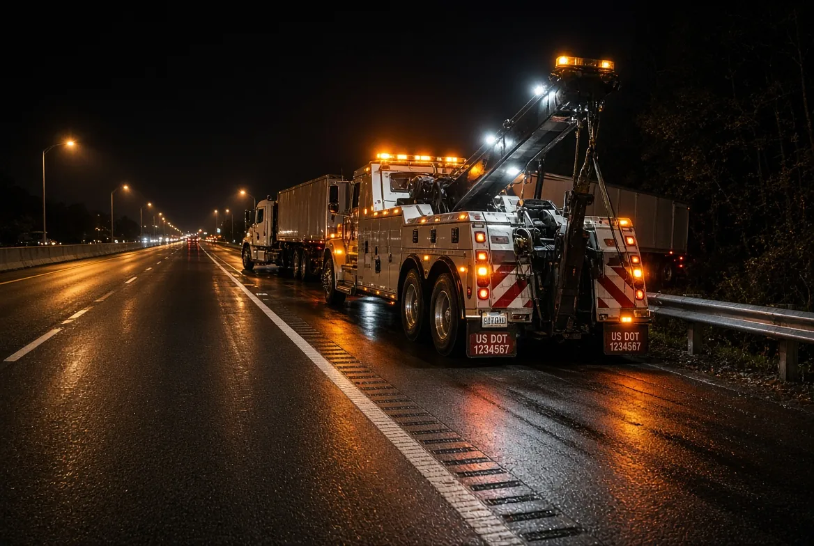 A heavy wrecker recovering a tractor-trailer on an interstate shoulder at night, illustrative USA scene