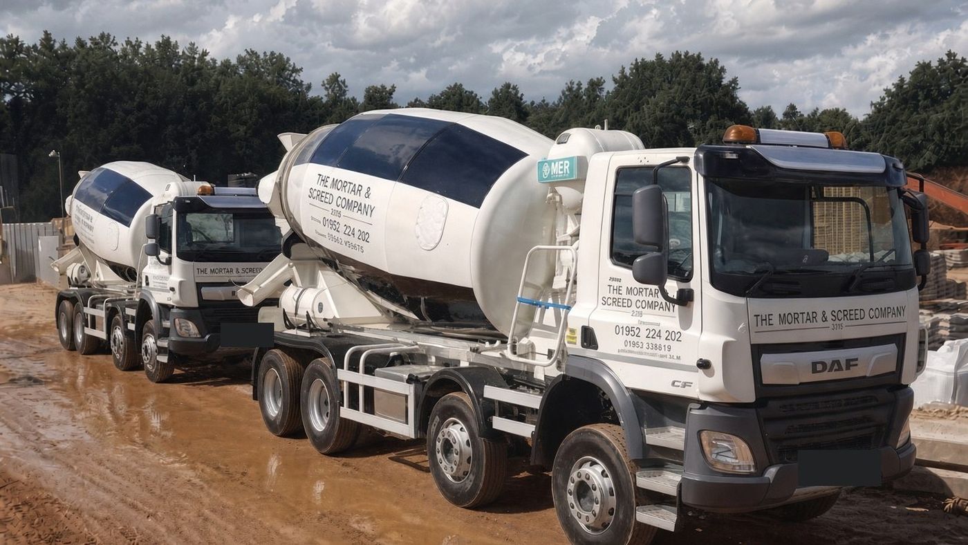 Two Mortar & Screed Company concrete mixers on a construction site