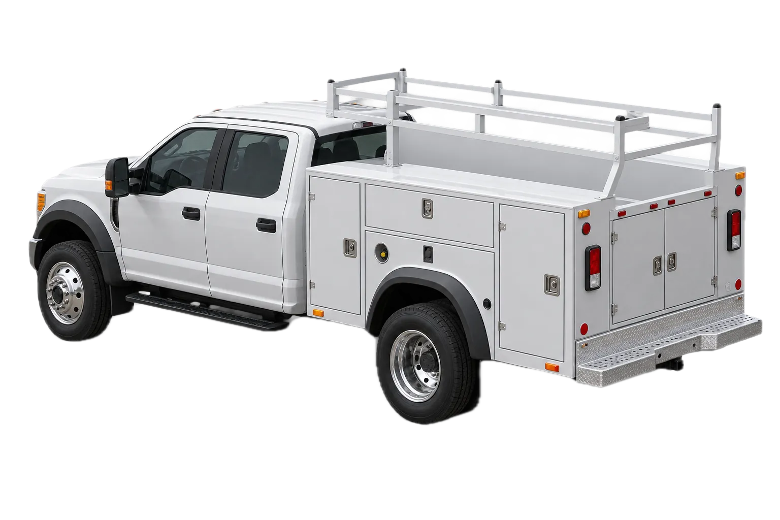 Illustrative studio render of a US service and utility truck, three-quarter rear view, with no plates, people or branding