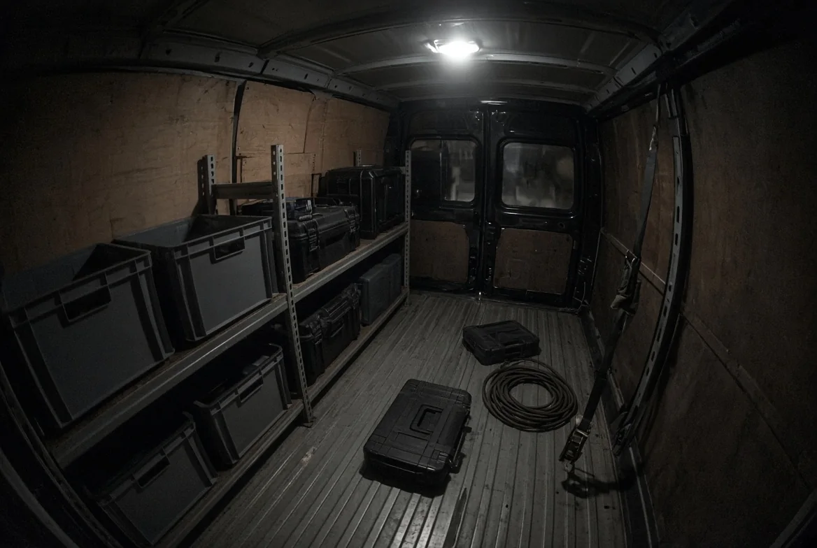 Load-area camera view down the inside of a van towards the closed rear doors, showing shelving, parts bins, tool cases and a coiled cable on the load floor