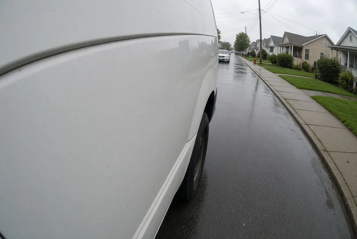 Passenger-side camera view along a van standing on a residential street, showing the curb, the sidewalk and a parked car ahead