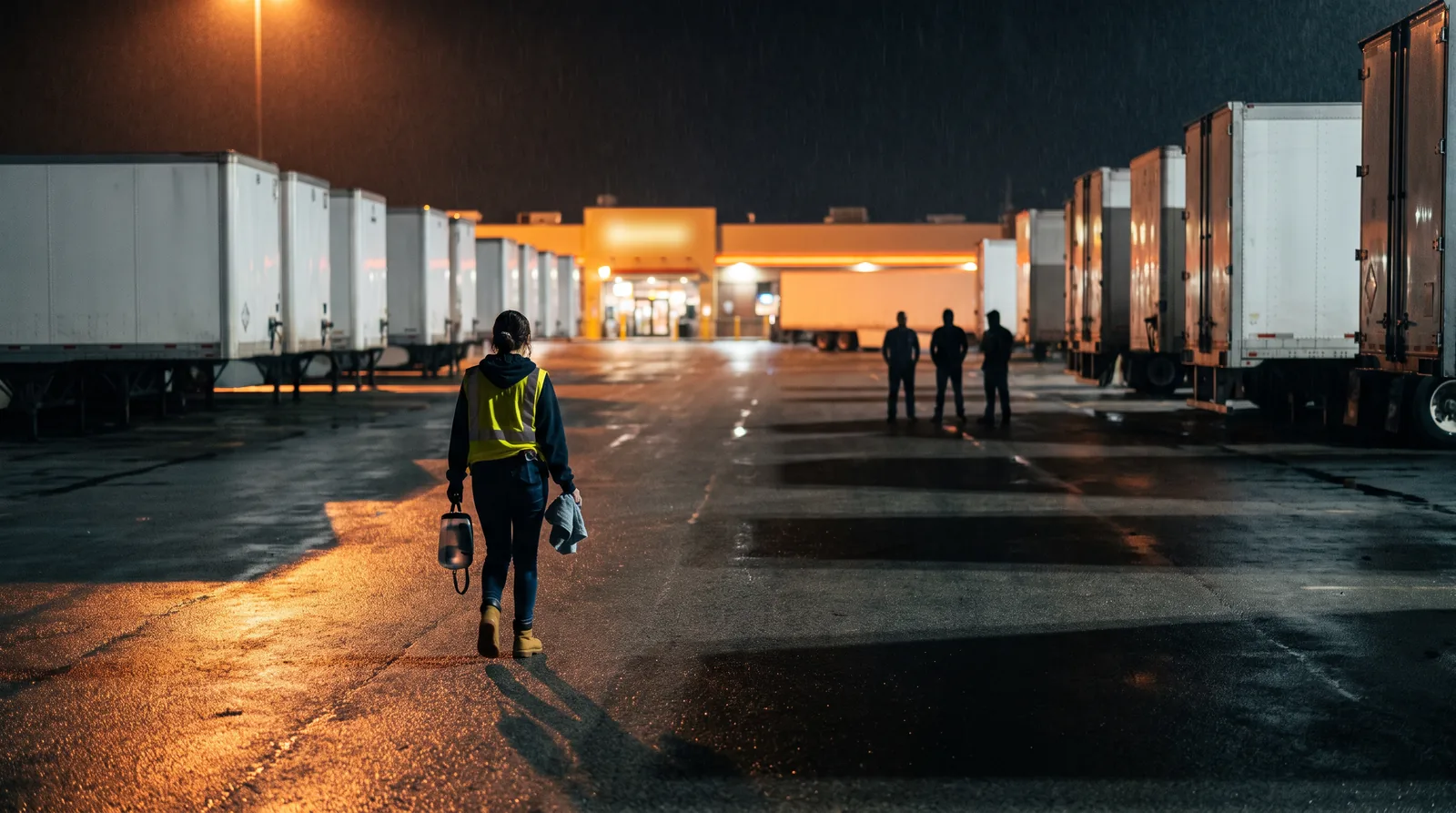 Illustrative image: at night, in the rain, a woman driver walks across a truck stop lot toward the building with her shower bag and towel, while three men stand in the shadows between the trailers.